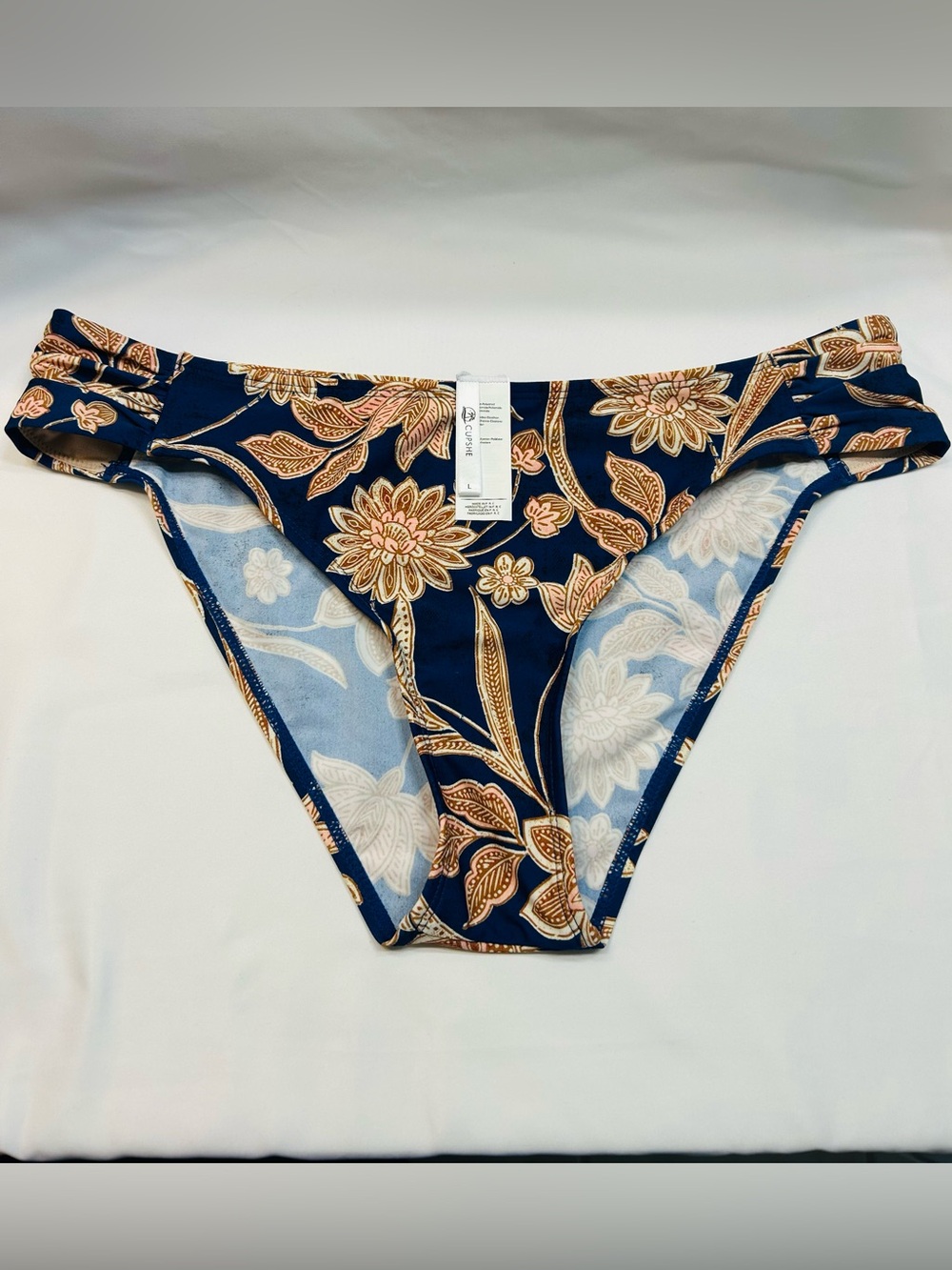 Cupshe Navy Bikini Bottoms with Peach Floral Print.  New Without Tags